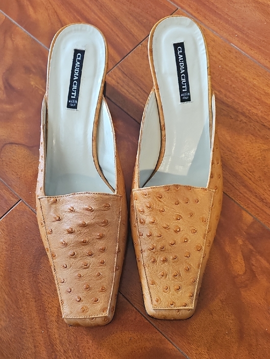 Claudia Ciuti Shoes - Claudia Ciuti Ostrich-Embossed Camel Leather Mules With Square Toe Sz 10 NWOT